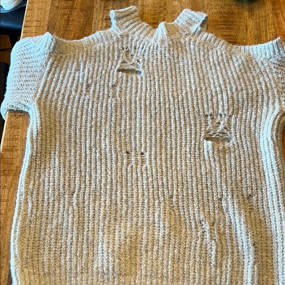 Kori Distressed Soft Grey Peekaboo Shoulder Sweater - Picture 6 of 7
